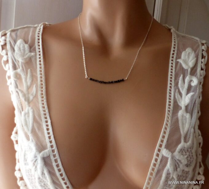 N6469b - Collier diamant noir femme chaine argent 925 - Bijoux Colliers en ligne Ninanina