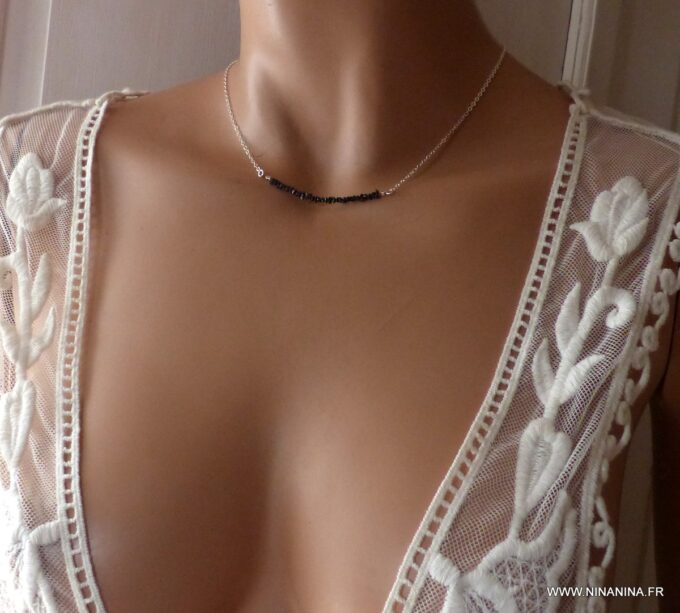 N6469c - Collier diamant noir femme chaine argent 925 - Bijoux Colliers en ligne Ninanina
