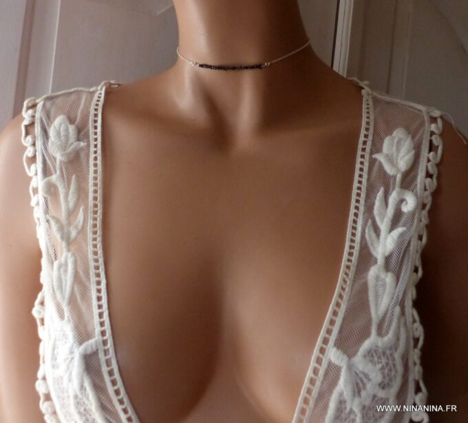 N6469d - Collier diamant noir femme chaine argent 925 - Bijoux Colliers en ligne Ninanina