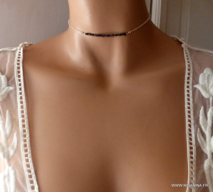 N6469f - Collier diamant noir femme chaine argent 925 - Bijoux Colliers en ligne Ninanina