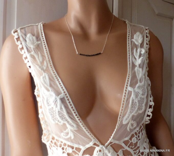 N6469j - Collier diamant noir femme chaine argent 925 - Bijoux Colliers en ligne Ninanina