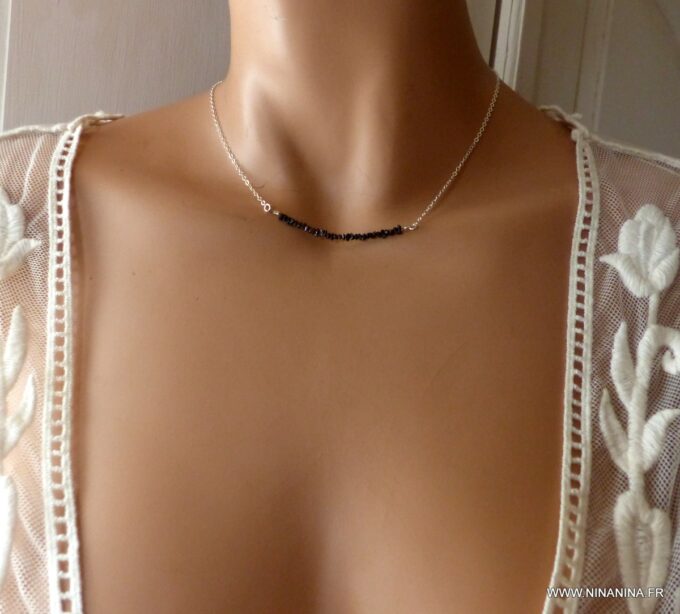 N6469o - Collier diamant noir femme chaine argent 925 - Bijoux Colliers en ligne Ninanina