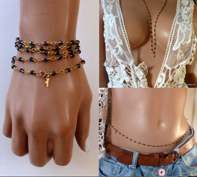 N6476 bracelet Saphir bleu or plaqué croix - Bijou pierre de naissance septembre - Bijoux Saphir en ligne Ninanina