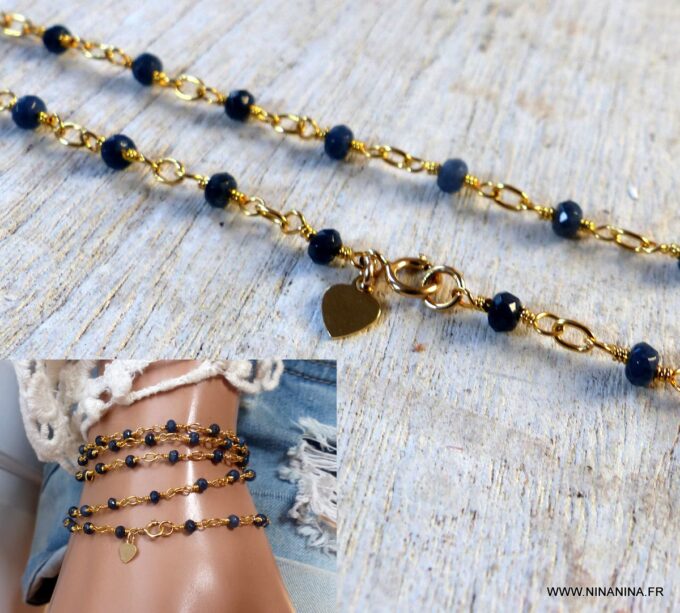 N6476h bracelet Saphir bleu or plaqué coeur - Bijou pierre de naissance septembre - Bijoux Saphir en ligne Ninanina