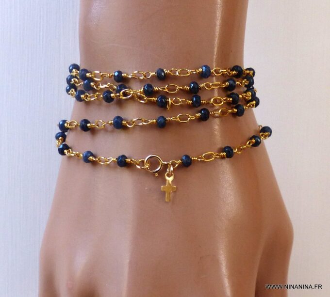 N6476i bracelet Saphir bleu or plaqué croix - Bijou pierre de naissance septembre - Bijoux Saphir en ligne Ninanina