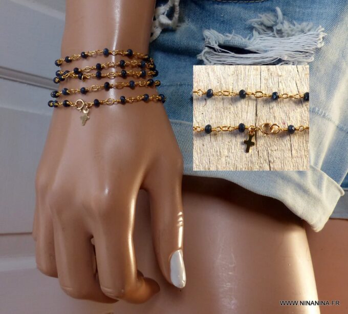 N6476j bracelet Saphir bleu or plaqué croix - Bijou pierre de naissance septembre - Bijoux Saphir en ligne Ninanina