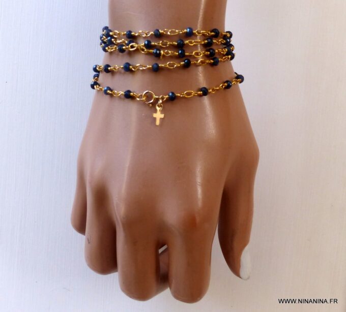N6476k bracelet Saphir bleu or plaqué croix - Bijou pierre de naissance septembre - Bijoux Saphir en ligne Ninanina
