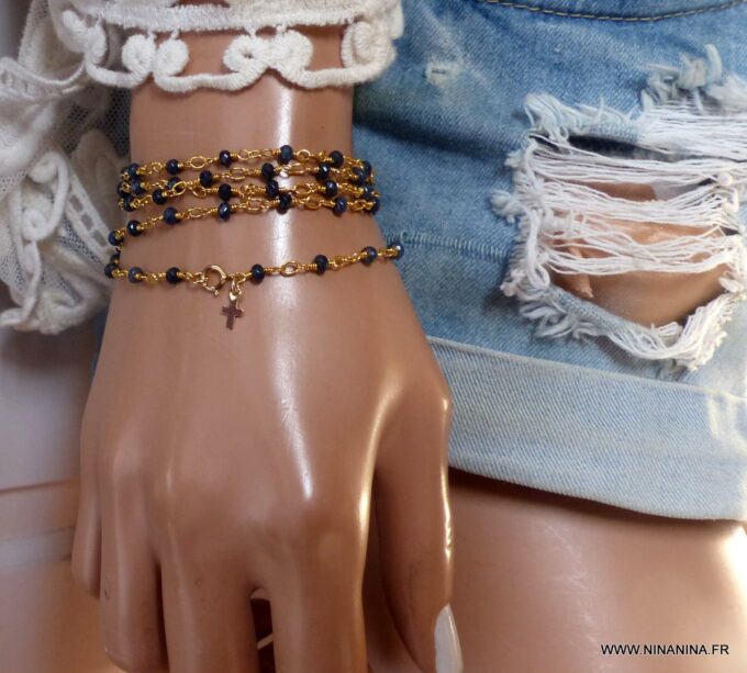 N6476l bracelet Saphir bleu or plaqué croix - Bijou pierre de naissance septembre - Bijoux Saphir en ligne Ninanina