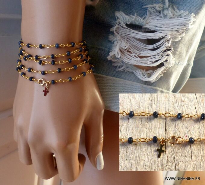 N6476m bracelet Saphir bleu or plaqué croix - Bijou pierre de naissance septembre - Bijoux Saphir en ligne Ninanina