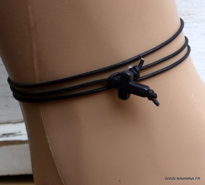 N6477d Bracelet de cheville homme croix noire cordon cuir - Bijoux Bracelets en ligne Ninanina