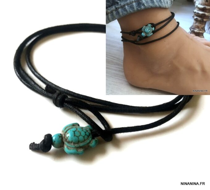 N6480a Bracelet de cheville bohème tortue howlite turquoise - Bijoux de pieds en ligne Ninanina