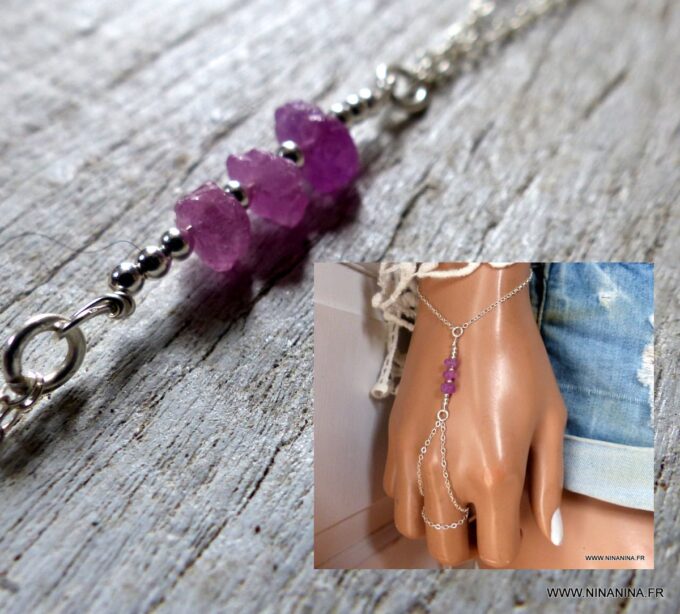 N6481b Bracelet bague saphir rose burt et argent 925 - Bijoux Bracelets en ligne Ninanina