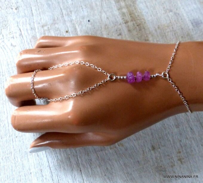 N6481c Bracelet bague saphir rose burt et argent 925 - Bijoux Bracelets en ligne Ninanina