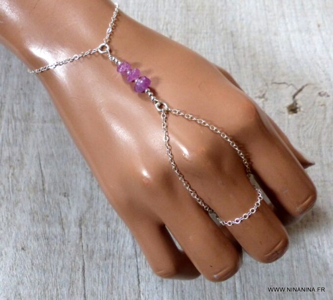 N6481e Bracelet bague saphir rose burt et argent 925 - Bijoux Bracelets en ligne Ninanina