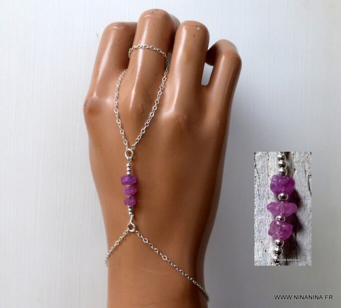 N6481f Bracelet bague saphir rose burt et argent 925 - Bijoux Bracelets en ligne Ninanina