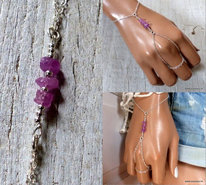 N6481j Bracelet bague saphir rose burt et argent 925 - Bijoux Bracelets en ligne Ninanina