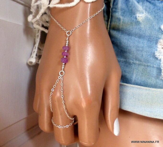 N6481n Bracelet bague saphir rose burt et argent 925 - Bijoux Bracelets en ligne Ninanina