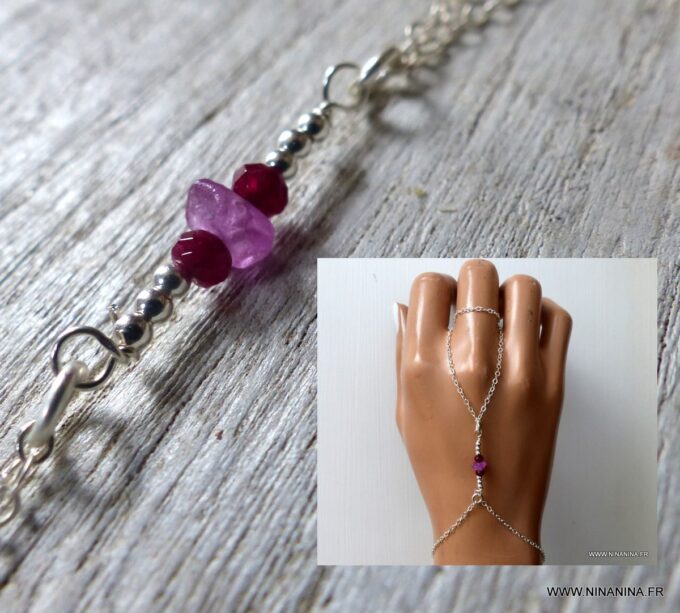 N6482a Bracelet bague saphir rose et rubis pierre de naissance juillet argent 925 - Bijoux Bracelets en ligne Ninanina