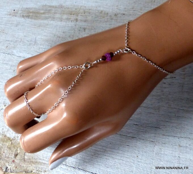 N6482b Bracelet bague saphir rose et rubis pierre de naissance juillet argent 925 - Bijoux Bracelets en ligne Ninanina