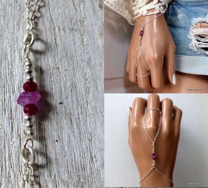 N6482c Bracelet bague saphir rose et rubis pierre de naissance juillet argent 925 - Bijoux Bracelets en ligne Ninanina