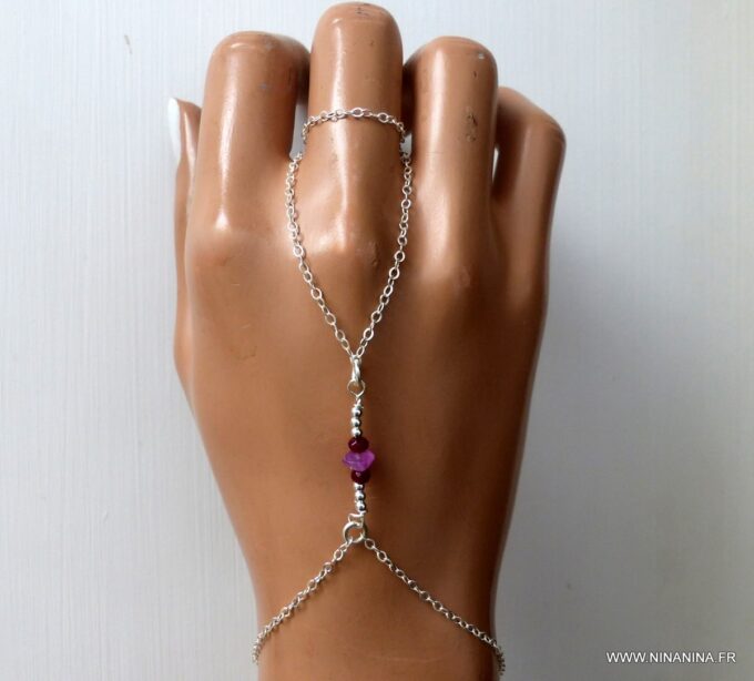 N6482d Bracelet bague saphir rose et rubis pierre de naissance juillet argent 925 - Bijoux Bracelets en ligne Ninanina