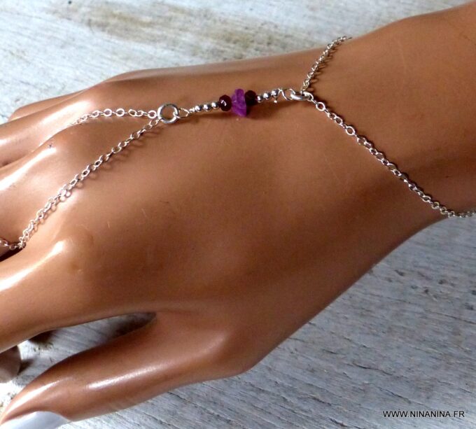 N6482f Bracelet bague saphir rose et rubis pierre de naissance juillet argent 925 - Bijoux Bracelets en ligne Ninanina