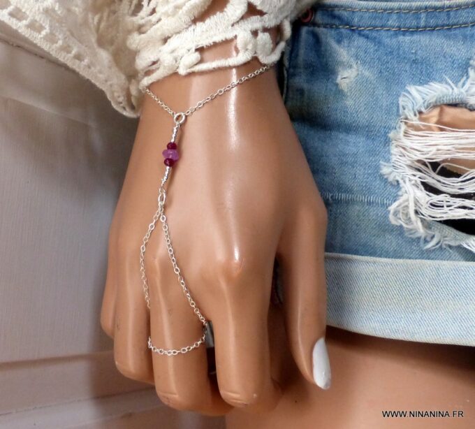 N6482h Bracelet bague saphir rose et rubis pierre de naissance juillet argent 925 - Bijoux Bracelets en ligne Ninanina