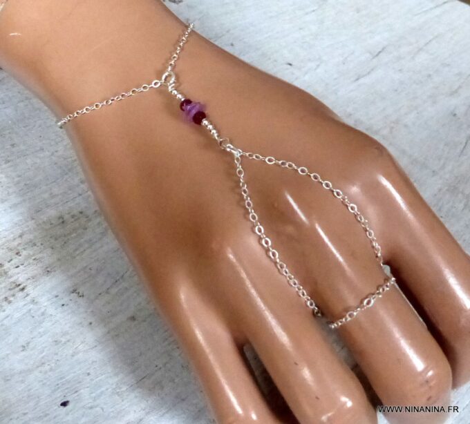 N6482i Bracelet bague saphir rose et rubis pierre de naissance juillet argent 925 - Bijoux Bracelets en ligne Ninanina
