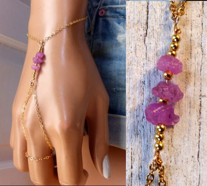 N6485 Bracelet bague saphir rose brut et plaqué or - Bijoux Bracelets en ligne Ninanina