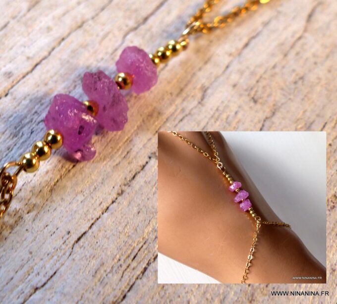 N6485a Bracelet bague saphir rose brut et plaqué or - Bijoux Bracelets en ligne Ninanina