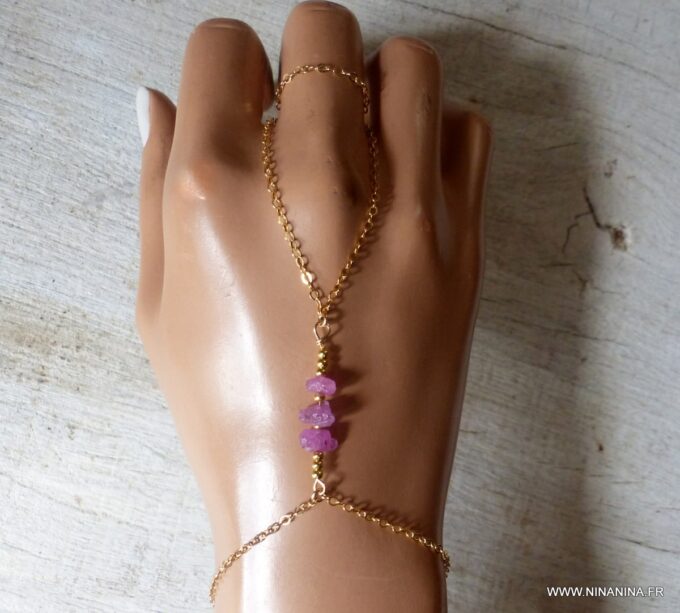N6485b Bracelet bague saphir rose brut et plaqué or - Bijoux Bracelets en ligne Ninanina