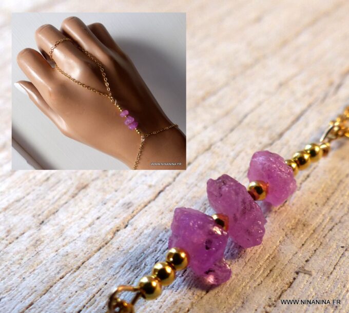 N6485d Bracelet bague saphir rose brut et plaqué or - Bijoux Bracelets en ligne Ninanina