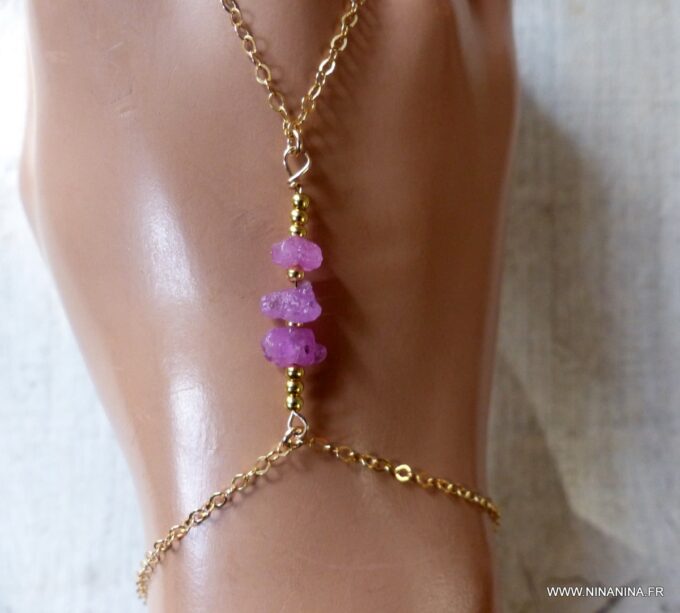 N6485e Bracelet bague saphir rose brut et plaqué or - Bijoux Bracelets en ligne Ninanina