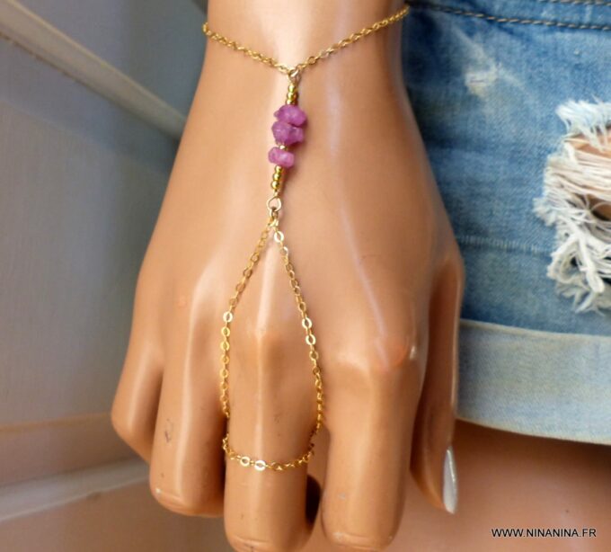 N6485f Bracelet bague saphir rose brut et plaqué or - Bijoux Bracelets en ligne Ninanina