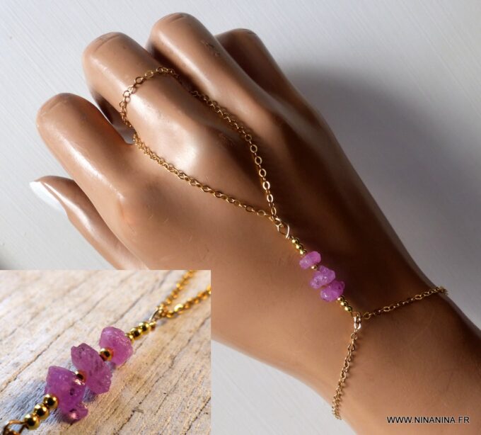 N6485h Bracelet bague saphir rose brut et plaqué or - Bijoux Bracelets en ligne Ninanina