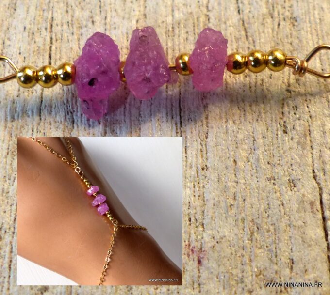 N6485i Bracelet bague saphir rose brut et plaqué or - Bijoux Bracelets en ligne Ninanina