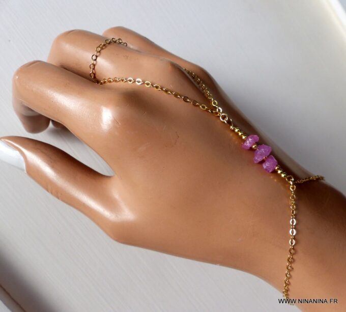 N6485n Bracelet bague saphir rose brut et plaqué or - Bijoux Bracelets en ligne Ninanina