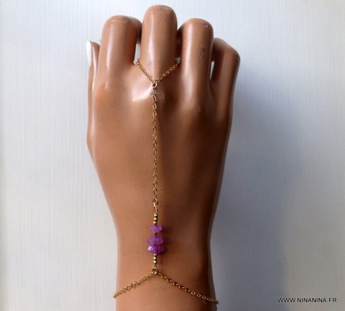 N6485q Bracelet bague saphir rose brut et plaqué or - Bijoux Bracelets en ligne Ninanina