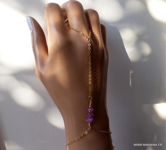 N6485s Bracelet bague saphir rose brut et plaqué or - Bijoux Bracelets en ligne Ninanina