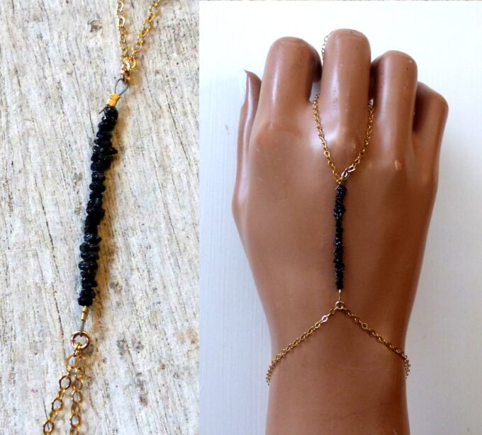 N6488 Bracelet bague chaine main Diamant noir plaqué or - Bijoux Bracelets en ligne Ninanina
