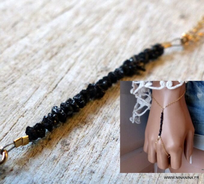 N6488a Bracelet bague chaine main Diamant noir plaqué or - Bijoux Bracelets en ligne Ninanina