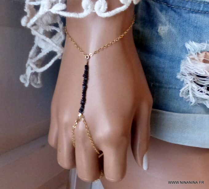 N6488b Bracelet bague chaine main Diamant noir plaqué or - Bijoux Bracelets en ligne Ninanina