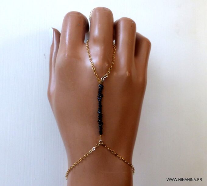 N6488d Bracelet bague chaine main Diamant noir plaqué or - Bijoux Bracelets en ligne Ninanina
