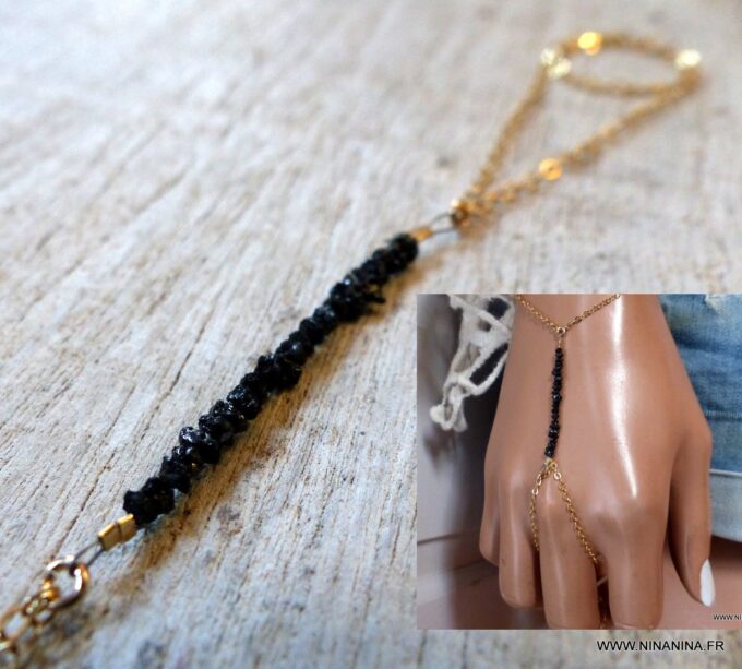 N6488e Bracelet bague chaine main Diamant noir plaqué or - Bijoux Bracelets en ligne Ninanina