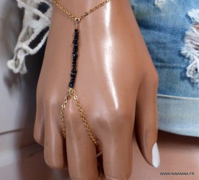 N6488g Bracelet bague chaine main Diamant noir plaqué or - Bijoux Bracelets en ligne Ninanina