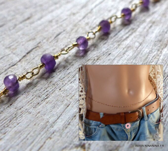N6490a chaine de taille pierres améthyste pierre de naissance février - Bijoux améthyste en ligne Ninanina