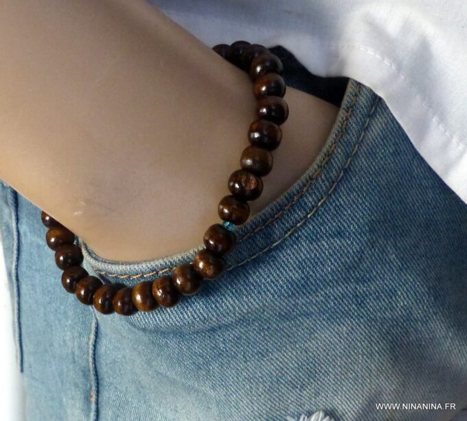 N6495a Bracelet personnalisé Pierre de Naissance perles bois marron - Bijoux Bracelets en ligne Ninanina