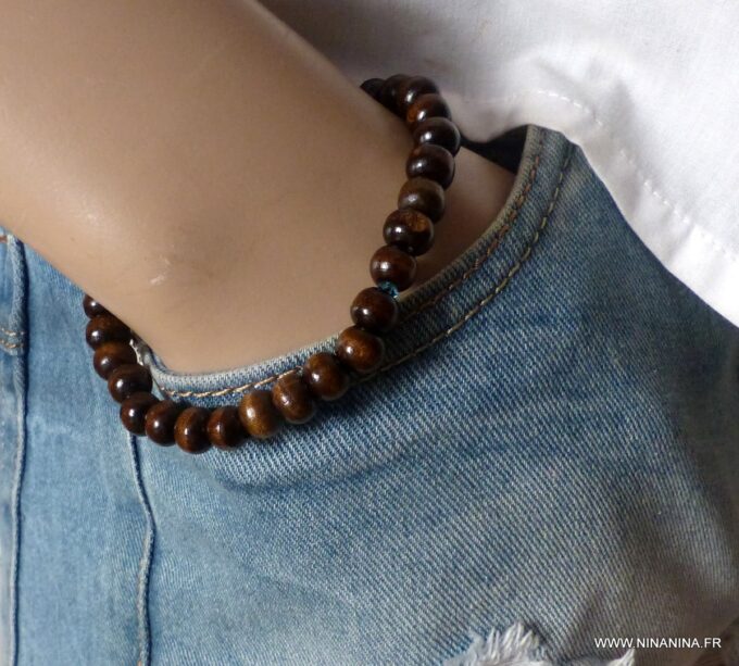 N6495e Bracelet personnalisé Pierre de Naissance perles bois marron - Bijoux Bracelets en ligne Ninanina