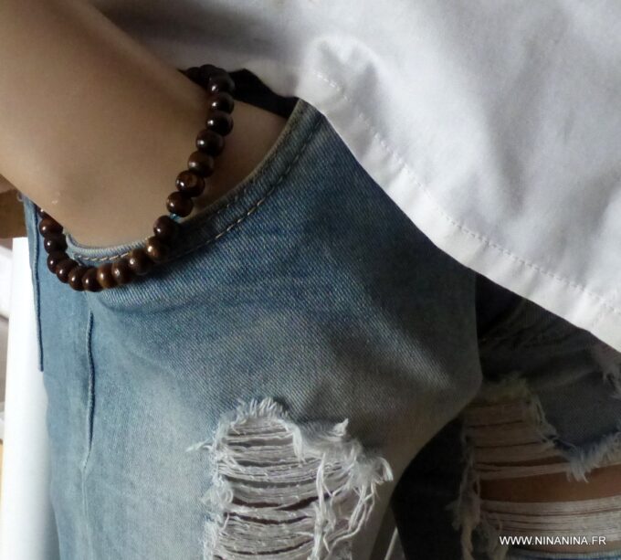 N6495g Bracelet personnalisé Pierre de Naissance perles bois marron - Bijoux Bracelets en ligne Ninanina