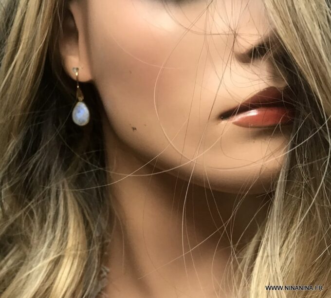 N6496a Boucles d oreilles Pierre de lune et plaqué or femme - Bijoux Boucles d oreilles en ligne Ninanina